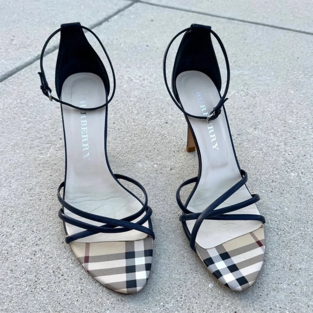 BURBERRY Strappy Leather Navy Blue w/Classic Plaid Toe Stiletto Sandals w/Box